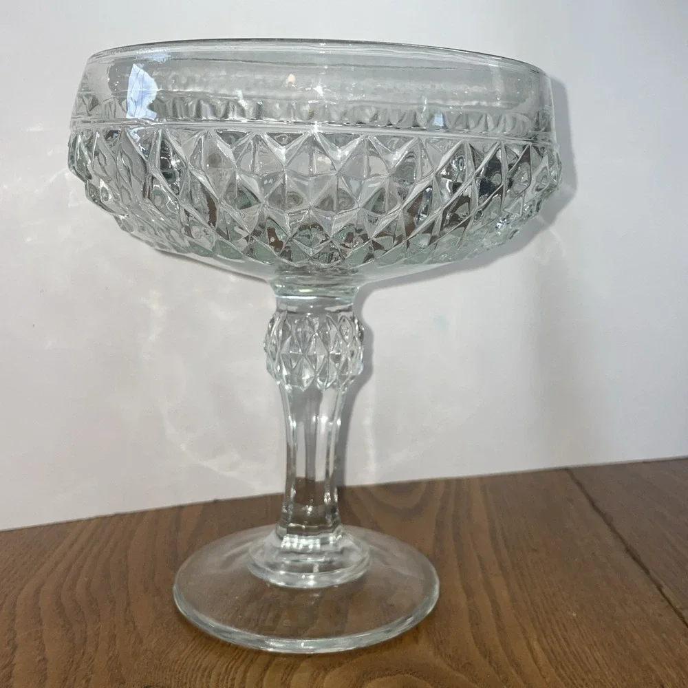 Vintage‎ Indiana Glass Pedestal Compote Candy Dish Diamond Point Pattern 1960s